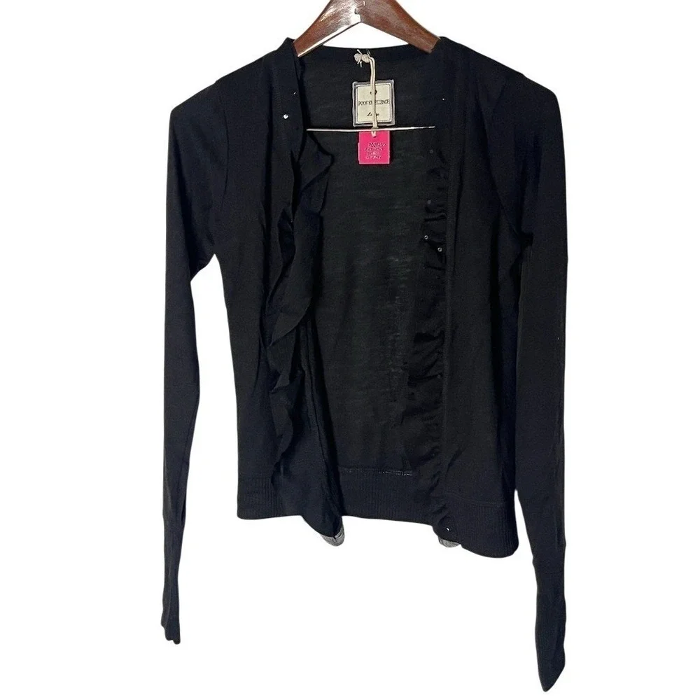 Poof! Clothing Cardigan Sweater Womens L Black Open Front Ruffle Trim - Picture 1 of 7